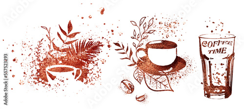 Coffee shop - Coffee time for coffee lovers. Coffee with coffee beans, coffee pot, espresso macchiato.  Isolated on a white background.  Coffee print design with mocha pot and different coffee cups.