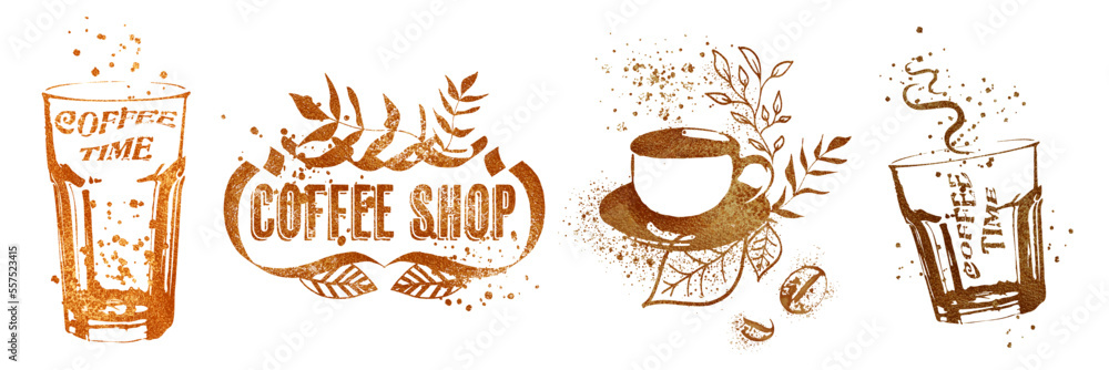 Coffee shop - Coffee time for coffee lovers. Coffee with coffee beans, coffee pot, espresso macchiato.  Isolated on a white background.  Coffee print design with mocha pot and different coffee cups.