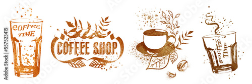 Coffee shop - Coffee time for coffee lovers. Coffee with coffee beans, coffee pot, espresso macchiato.  Isolated on a white background.  Coffee print design with mocha pot and different coffee cups.