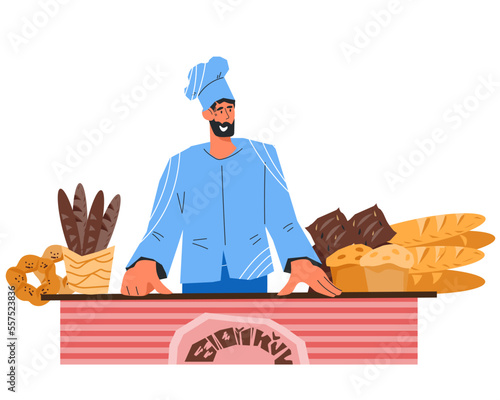 Baker behind counter of a bakery shop or pastry, flat vector illustration isolated.