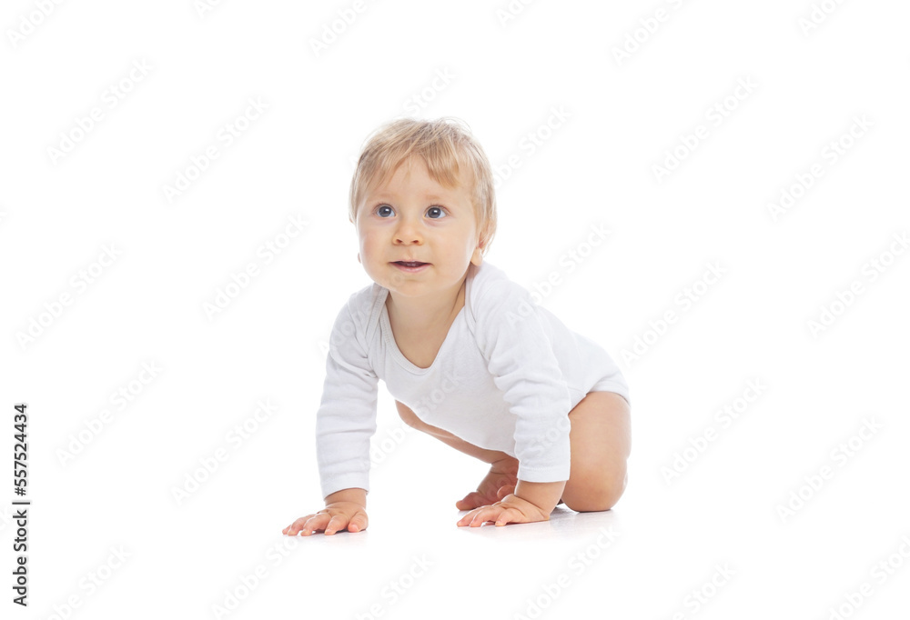 Little, happy and smiling cute baby in the studio. Portrait of a one year old baby. The concept of happiness. Little, happy and smiling cute baby in the studio. Portrait of a one year old baby. The concept of happiness.