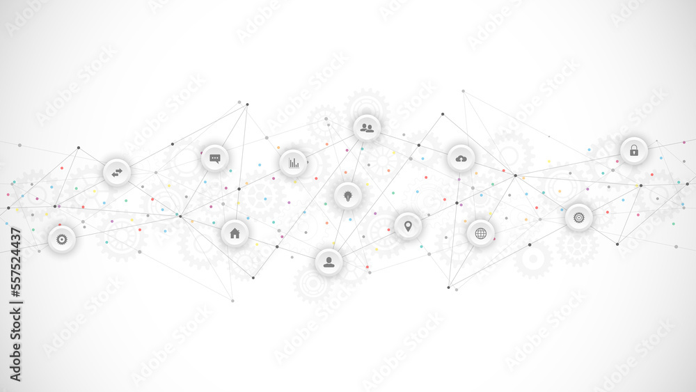 Information technology background with infographic elements and flat icons. Digital technology, network connection and communication concept Information technology background with infographic elements and flat icons. Digital technology, network connection and communication concept