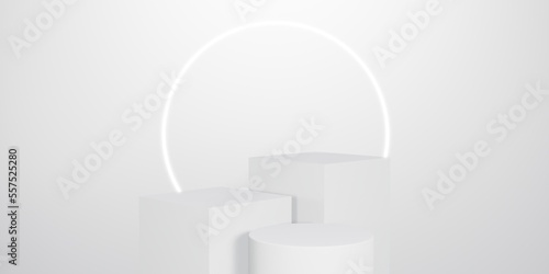 circle and square podium with white neon lights white background for product presentation fashion cosmetics 3d