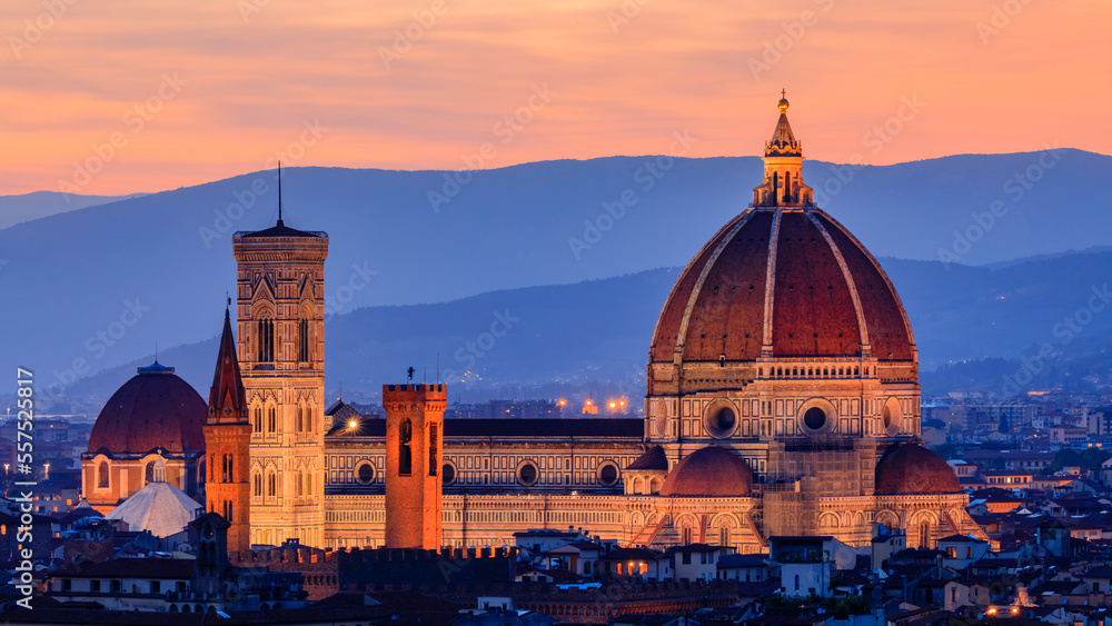 Sunset view of the Duomo cathedral and Bell Tower of Giotto in Florence, Italy