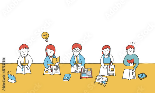勉強する5人の高校生・中学生のイラスト