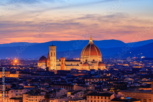 Sunset view of the Duomo cathedral and Bell Tower of Giotto in Florence  Italy