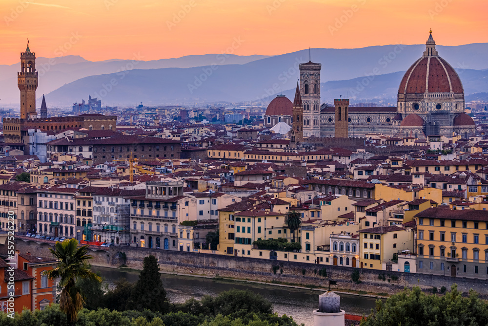 Sunset view with Duomo cathedral and Palazzo Vecchio Tower, Florence Italy