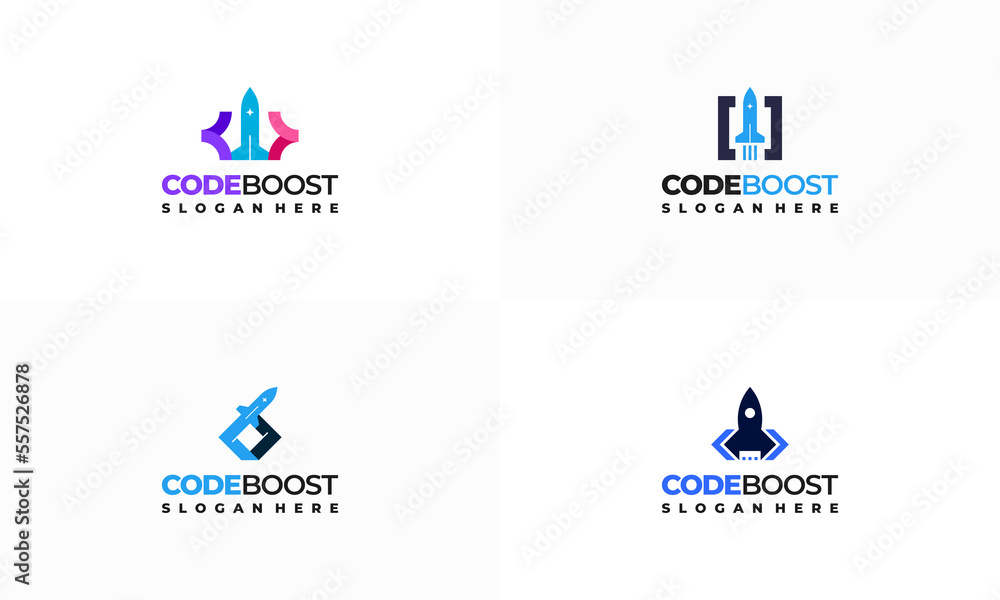Set of Code Boost Logo designs concept vector, Rocket Code logo template icon vector