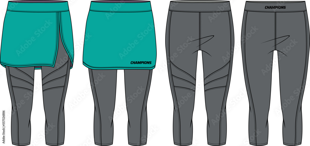 Women Running trail skort Shorts with compression leggings tights jersey  design flat sketch fashion Illustration for girls and Ladies, shorts  concept with front and back view for tracking active wear. Stock Vector