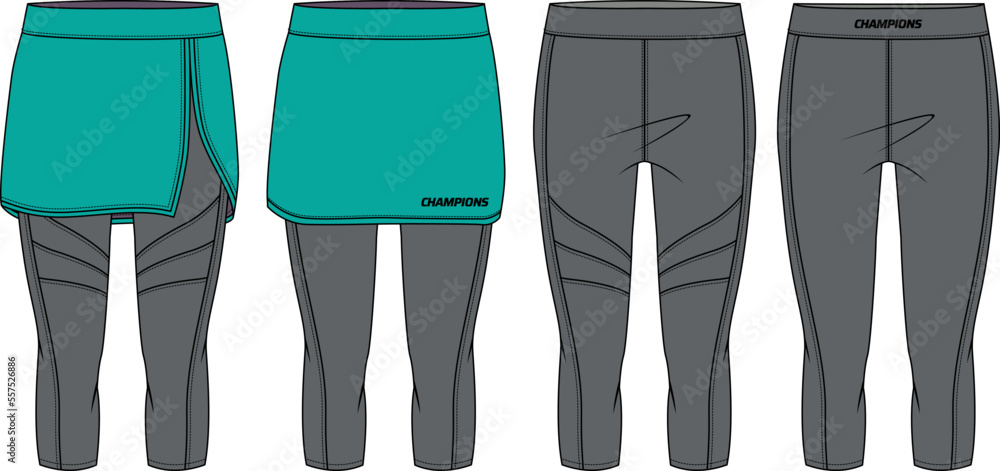 Women Running trail skirt over leggings with compression tights three quarter pants active wear design flat sketch fashion Illustration front and back view for girls and Ladies Stock Vector Adobe Stoc...