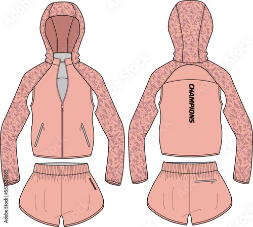 Women shell suit Hoodie with trail running short and sleeveless jacket design flat sketch illustration, Hooded jacket with front and back view, winter jacket for girl and women.