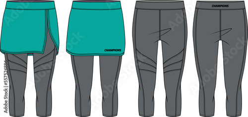 Women Running trail skirt over leggings with compression tights three quarter pants active wear design flat sketch fashion Illustration front and back view for girls and Ladies