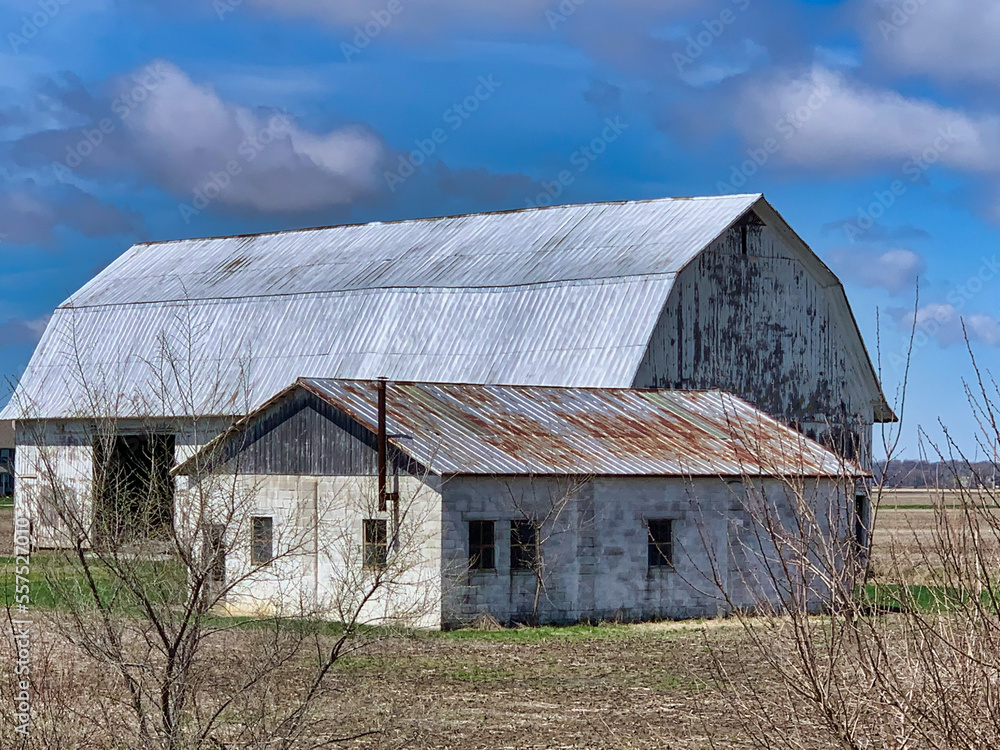 Fototapeta premium View of farm buildings on a corn field behind dry branches.