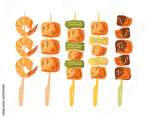 A set of yakitori meat on skewers on a white background. Asian food. Vector illustration for restaurants, menus, decor