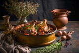 Traditional French Coq au Vin with braised chicken and vegetables