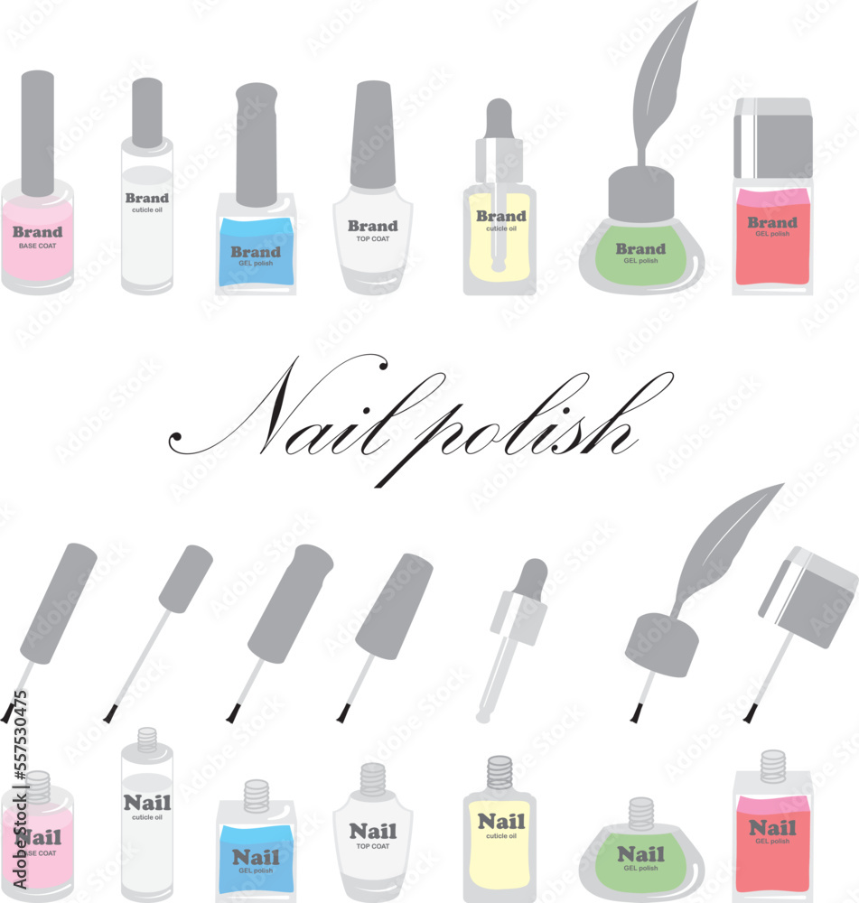 Variety of nail polish bottles that can be used for painted nails or phototherapy nails illustration. Variety of nail polish bottles that can be used for painted nails or phototherapy nails illustration.