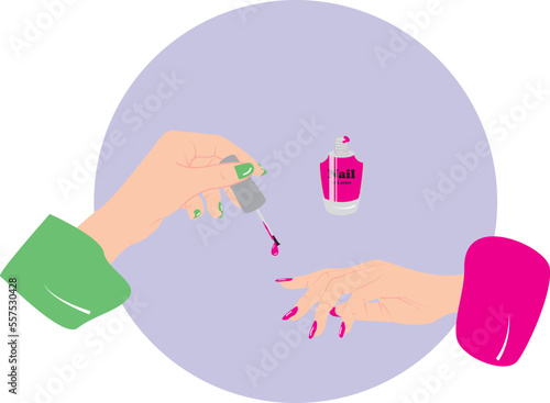 Drawing of hands applying nail polish. vector illustration.