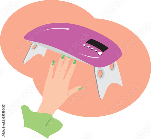 Gel nails are being illuminated by UV nail lamp machine. vector illustration.