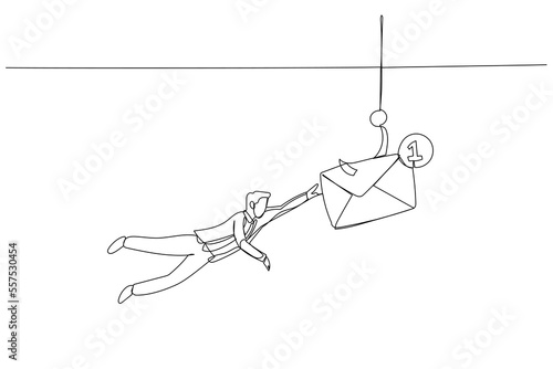 Illustration of businessman diving underwater try to catch scam email concept of pishing and crime. Single line art style