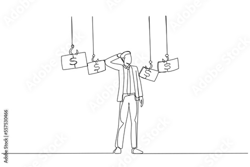 Drawing of businessman chose fishing hook with money concept of opportunity. Single continuous line art style