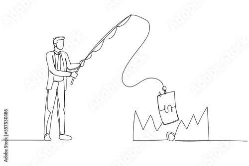 Cartoon of businessman stealing money from trap with fishing rod  metaphor of investment risk. One line art style