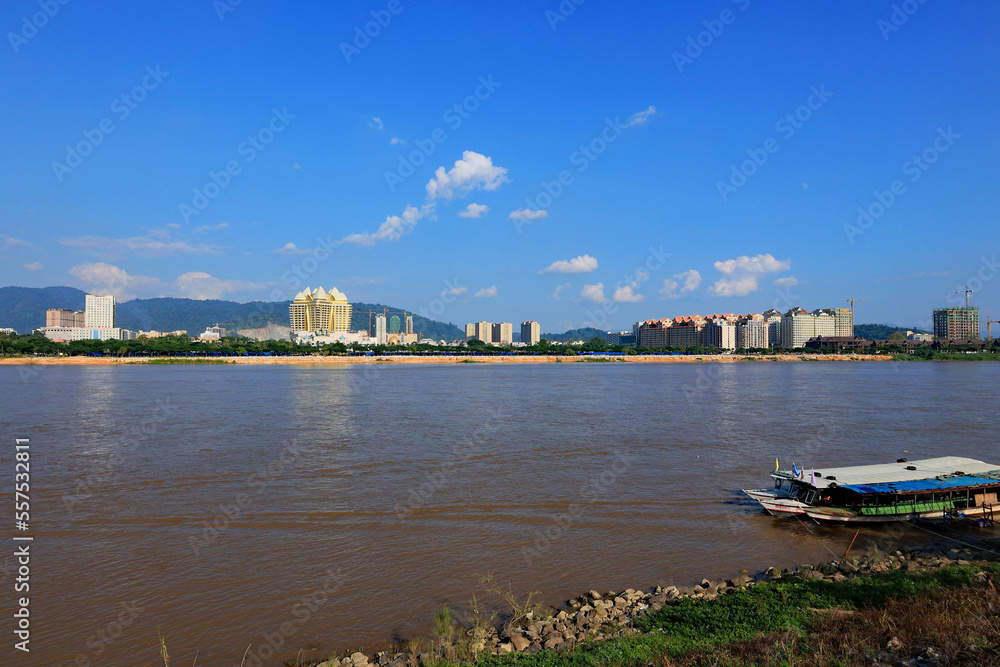 Fototapeta premium view of the city in Laos from river side in Thailand