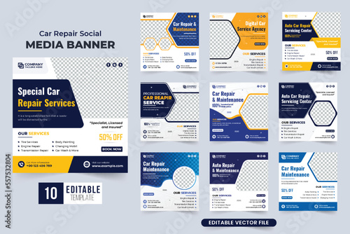 Vehicle repair and cleaning service promotional poster collection with photo placeholders. Car maintenance social media post bundle with yellow and blue colors. Automobile repair service template set.