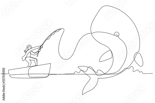 Cartoon of businesswoman get big fish whale concept of catching big profit. Single line art style