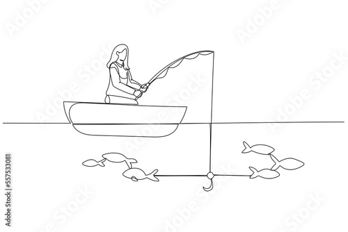 Illustration of businesswoman try to get fish but not getting one concept of unsuccessful. Continuous line art style
