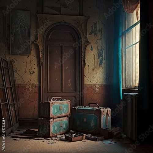 Old suitcases and trunks in an old room. 