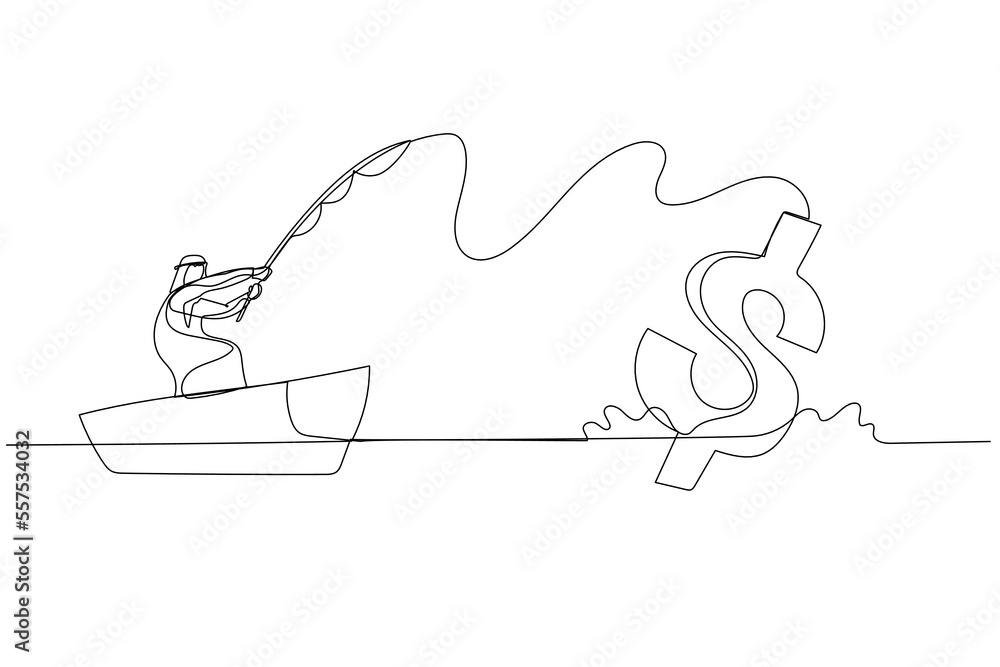 Cartoon of arab businessman try to get fish fishing in the sea. Continuous line art