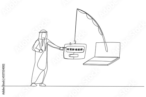 Drawing of arab businessman with credit card almost get scammed by submit password concept of phishing. Single continuous line art style