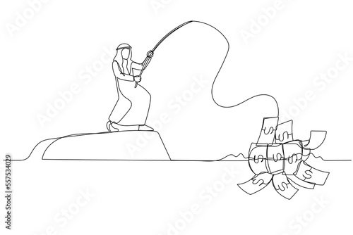 Drawing of arab businessman fishing money concept of seeking profit. Single line art style