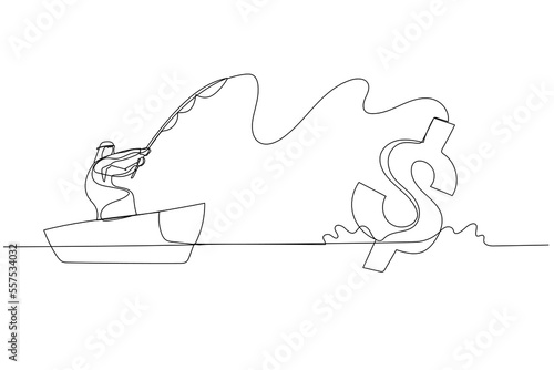 Cartoon of arab businessman try to get fish fishing in the sea. Continuous line art
