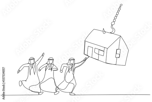 Illustration of group of arab businessman try to get house bait on fishing hook. One line style art