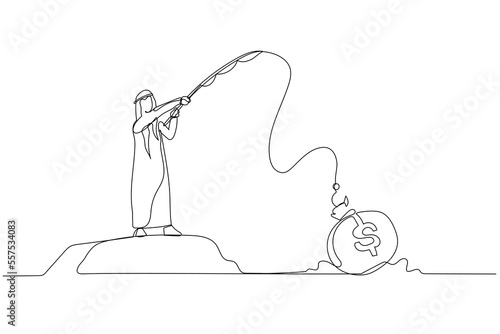 Cartoon of arab businessman fishing with big money bag as bait. Continuous line art style