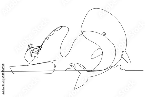 Illustration of arab businessman get big fish whale concept of catching big profit. One continuous line art style