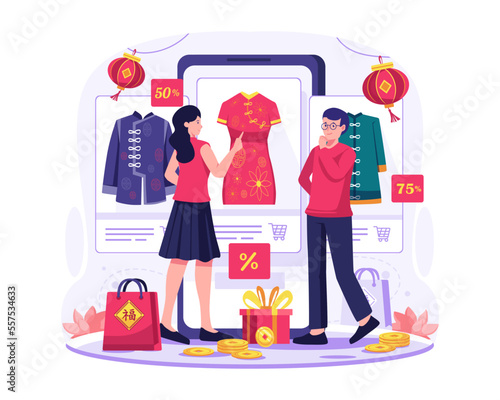 Asian people are shopping online through big a smartphone. A woman and a man are choosing Chinese clothes in an online store. Chinese new year shopping