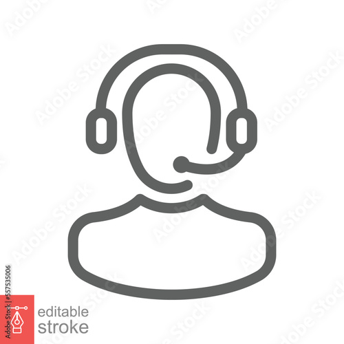 Telemarketer icon. Simple outline style. Call center operator with headset, customer service, telemarketing concept. Thin line, linear symbol. Vector illustration isolated. Editable stroke EPS 10.