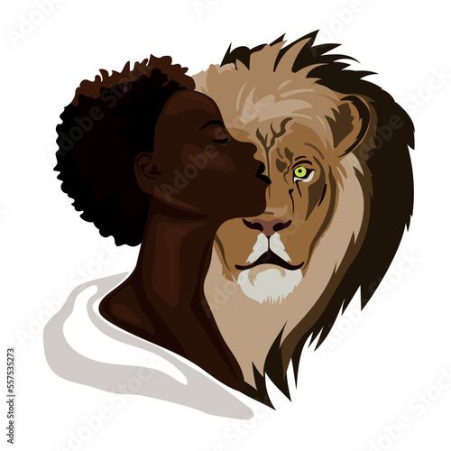 Beautiful African American black skinned woman girl with lion isolated on white background vector illustration.Black woman portrait print,poster,creative design.People and animals ,wildlife concept