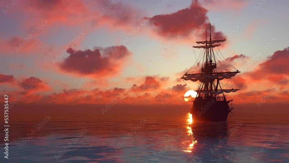 The ocean during a calm and an old sailing ship The ocean during a calm and an old sailing ship
