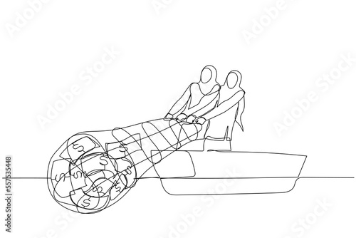 Cartoon of muslim woman try to get money with net concept of financial profit. One line art style
