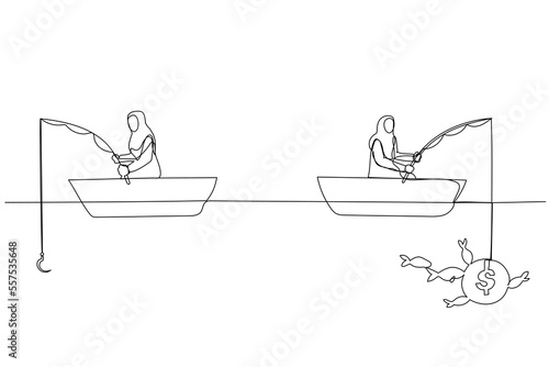 Drawing of muslim woman fishing dollar money profit sitting in boat. Single continuous line art style