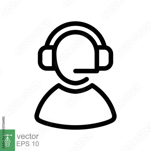 Telemarketer icon. Simple outline style. Call center operator with headset, customer service, telemarketing concept. Thin line, linear symbol. Vector illustration isolated. EPS 10.