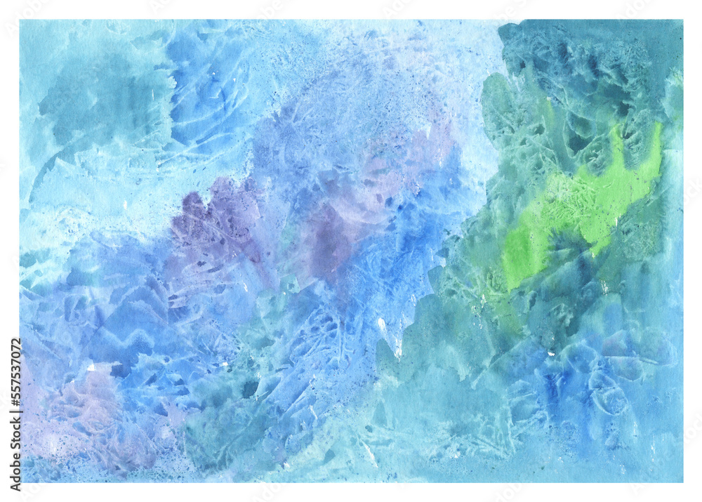 Abstract decorative hand painted watercolour blue green color background. Marble texture. Horizontal illustration.
