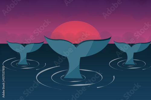 Whales in the ocean against a pink sunset. Atmospheric website banner with a whale's tail. A poster for a travel agency. Vacation in an exotic country. Sea voyage. Oceanarium.