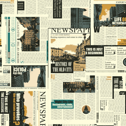 seamless pattern with collage of newspaper or magazine clippings. Vector background in retro style with titles, illustrations and imitation of text. Suitable for wallpaper, wrapping paper, fabric
