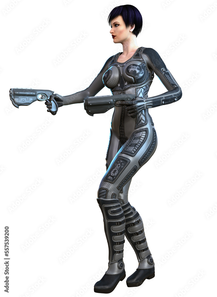 futuristic woman soldier armed with guns, 3d rendering futuristic woman soldier armed with guns, 3d rendering