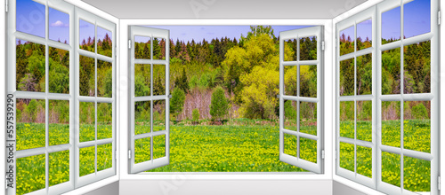 Valokuva nature landscape with through a window with curtains