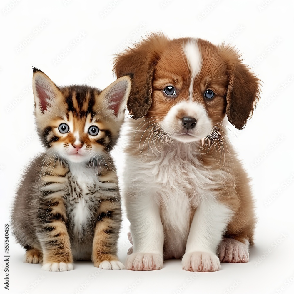 Baby kitten and puppy together. isolated on white background. Generative AI Baby kitten and puppy together. isolated on white background. Generative AI